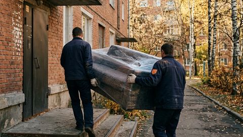Грузчики выносят диван из подъезда пятиэтажки